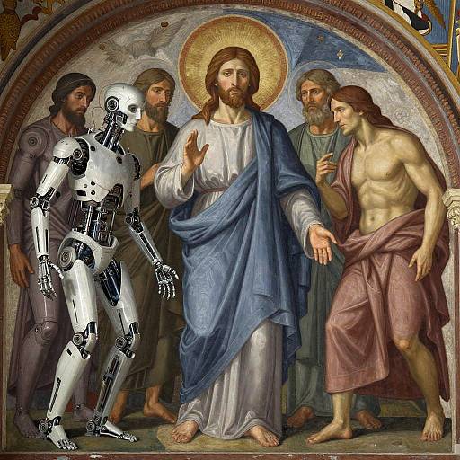 Fresco Painting of Bioengineered Prophet with AI Cyborg