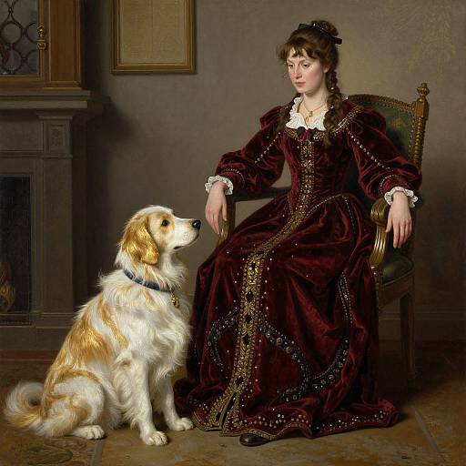 Photorealistic painting of a young woman in a rich burgundy velvet gown with gold trim, sitting beside a golden retriever, in an elegant,
