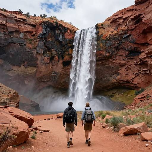 Photograph of two hikers, back view, walking towards a towering, white-water waterfall between red rock cliffs in a desert canyon.