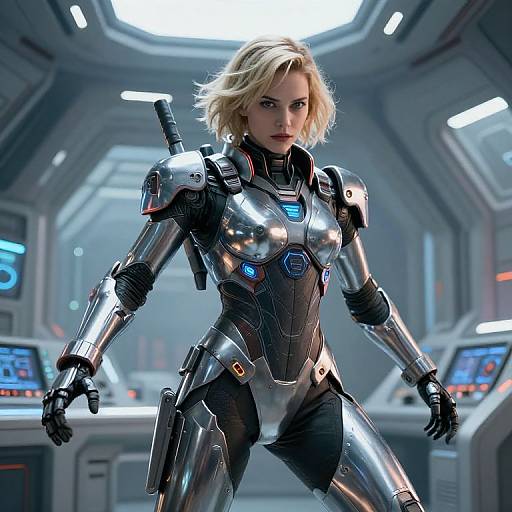 Photorealistic CGI of a blonde woman in a futuristic, metallic, black and silver armored suit, standing confidently in a high-tech spaceship control room.