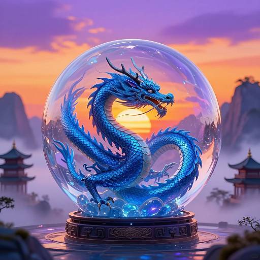 Digital artwork of a vivid blue, serpentine dragon enclosed in a crystal snow globe, set against a vibrant sunset sky with traditional Chinese pagodas