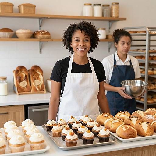 Photograph of a smiling Black woman with curly hair, wearing a white apron, standing in a bakery with pastries, another woman in background holding