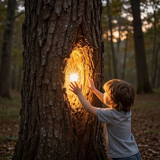 Photograph of a young boy with brown hair, wearing a gray shirt, touching a glowing, circular fire at the base of a tree in a forest