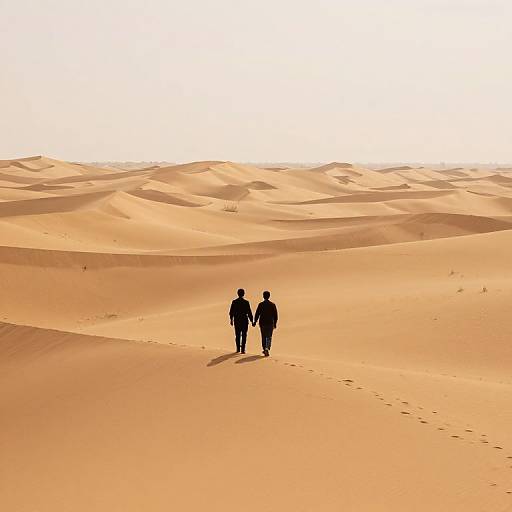 Photograph of two silhouetted figures walking hand-in-hand across vast, sunlit orange desert dunes, casting long shadows, with footprints
