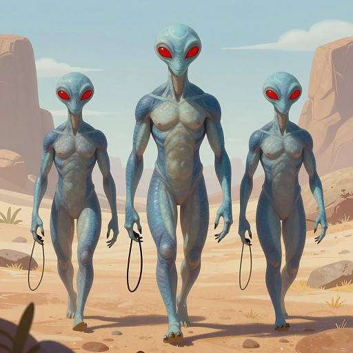 Three Blue Aliens in Desert Landscape