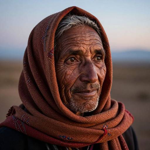 Photograph of a weathered, elderly man with brown skin, grey beard, and deep wrinkles, wearing a brown, patterned headscarf,