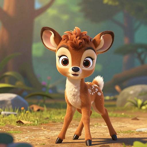 CGI cartoon deer with large, expressive eyes, brown fur, white spots, and a tufted brown mane, standing in a sunny forest.
