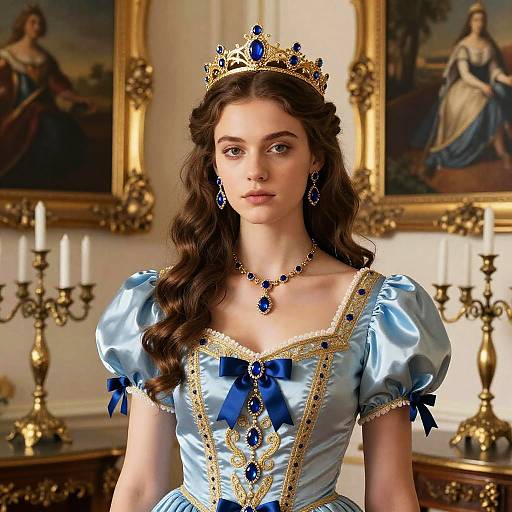 Photograph of a young woman with fair skin and long brown hair, wearing a blue satin princess dress with gold embroidery, blue ribbons, and a
