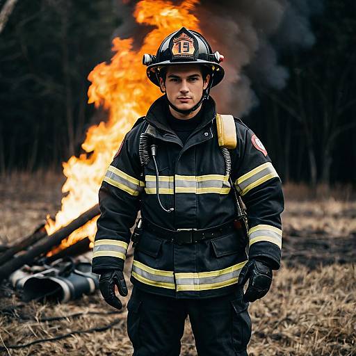 Firefighter in full gear near fire