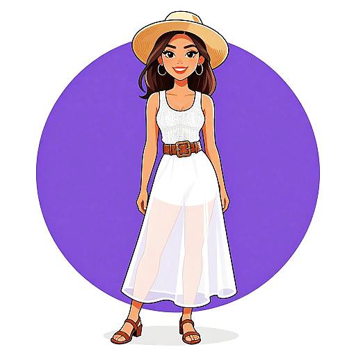Digital illustration of a smiling woman with olive skin, brown hair, wearing a white sundress, brown belt, straw hat, hoop earrings, and sandals