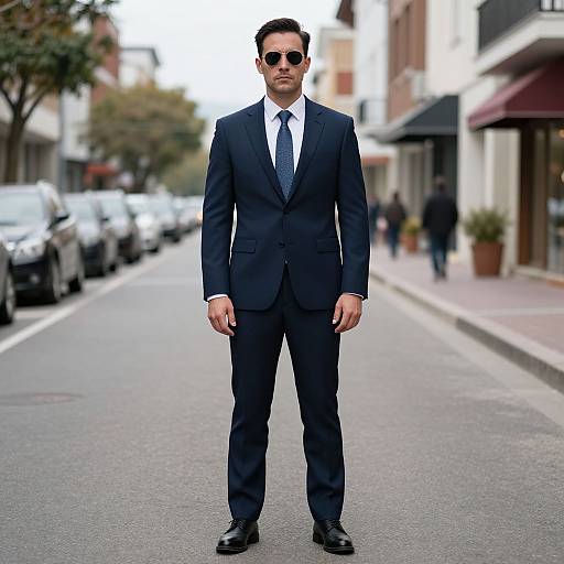 Photograph of a man in a black suit, white shirt, black tie, and sunglasses standing confidently in the middle of a city street. Blurred