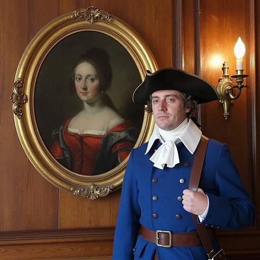 Man in 18th Century Costume Standing Beside Vintage Portrait
