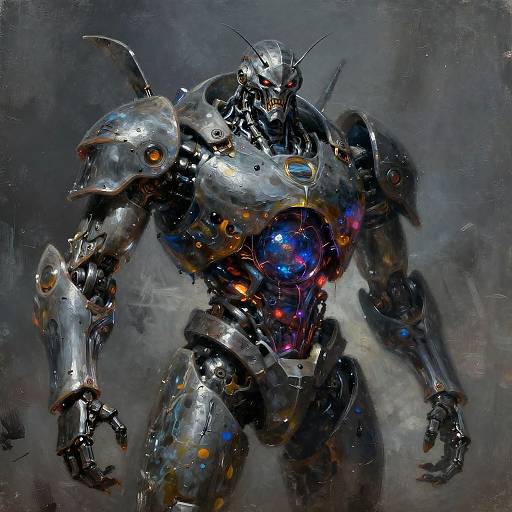 Digital painting of a futuristic, metallic robot with glowing blue, red, and orange lights, standing against a dark, smoky background.