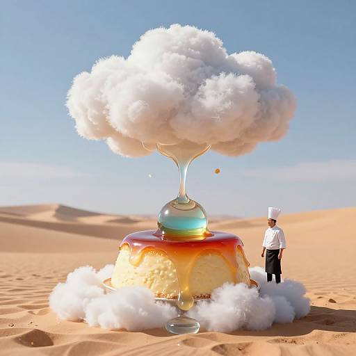 Digital artwork: Chef in white uniform and hat stands beside a colorful, glass dome erupting with white, fluffy clouds in a desert. Bright blue sky
