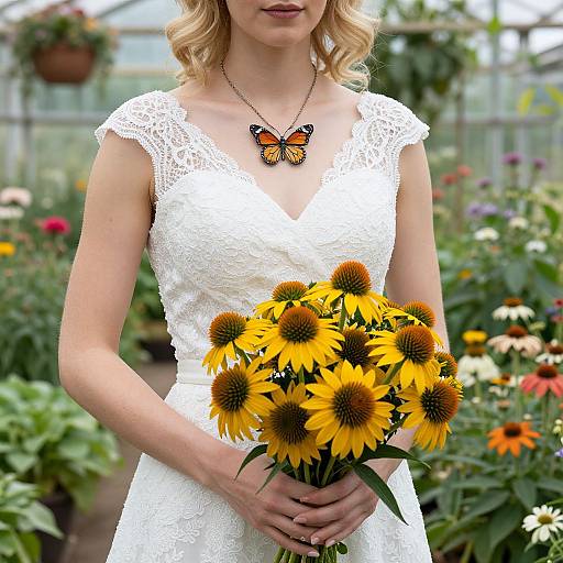 Bridal Woman in Greenhouse with Flowers