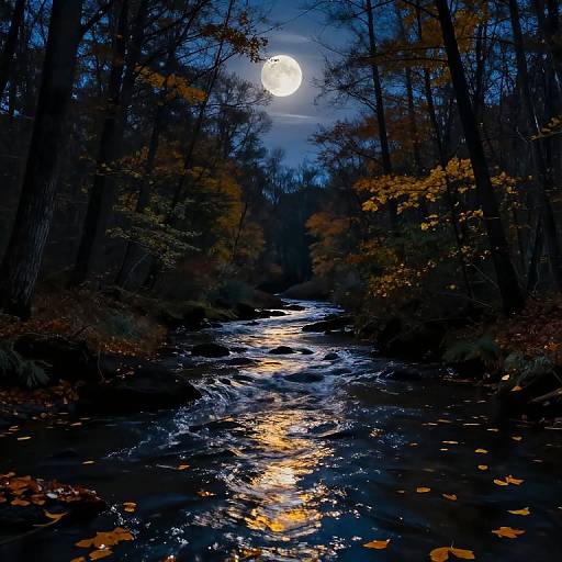 Moonlit forest stream, autumn leaves, full moon reflecting in water, dark blue night sky, tall trees, silhouetted foliage, serene,