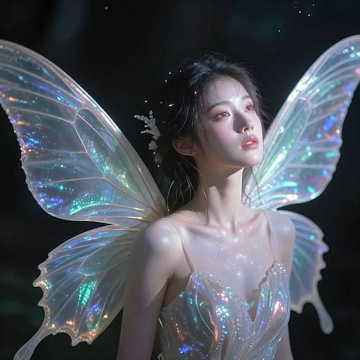 Photograph of an ethereal Asian woman with iridescent fairy wings, glowing in a dark background, wearing a shimmering, transparent dress.
