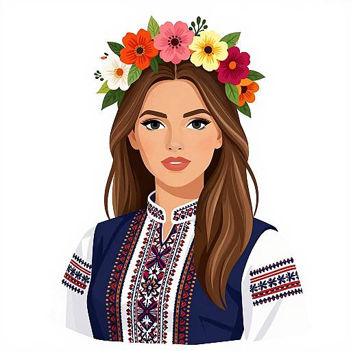 Digital illustration of a young woman with long brown hair, wearing a floral crown, traditional embroidered blouse, and dark vest, against a white background.