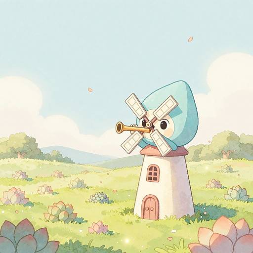 Whimsical Alien on Pastel Windmill