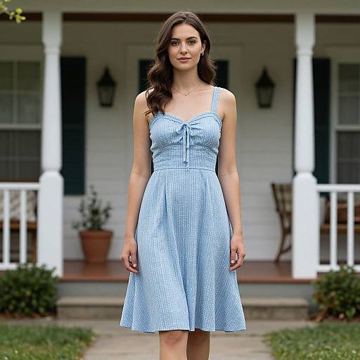Photograph of a young woman with long brown hair, wearing a light blue gingham sundress, standing in front of a white porch with black shut