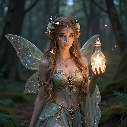 Digital fantasy art of a beautiful fairy with long blonde hair, elf ears, glowing wings, and a glowing lantern in a dark forest. She wears a