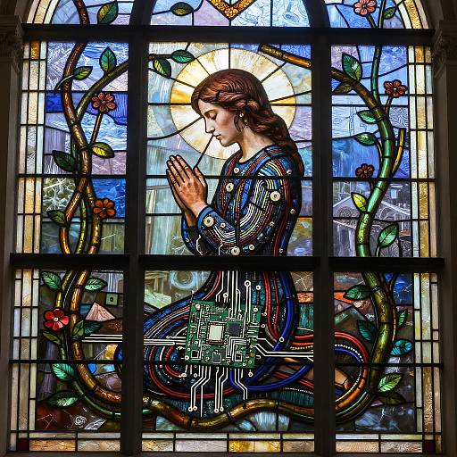 Stained glass window of a praying woman in a blue robe, surrounded by vines and flowers, with a halo behind her head.