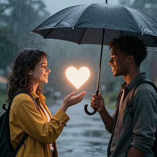 Photograph of a smiling couple holding umbrellas in the rain, with a glowing heart-shaped light between them, wearing yellow and grey jackets.