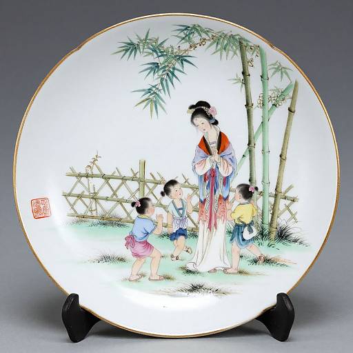 Circular Japanese porcelain plate with delicate, colorful Ukiyo-e-style painting of a kimono-clad woman and two children by bamboo trees.