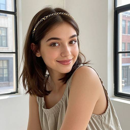 Photograph of a young woman with medium-length brown hair, wearing a silver chain headband and beige sleeveless top, smiling softly in bright sunlight from