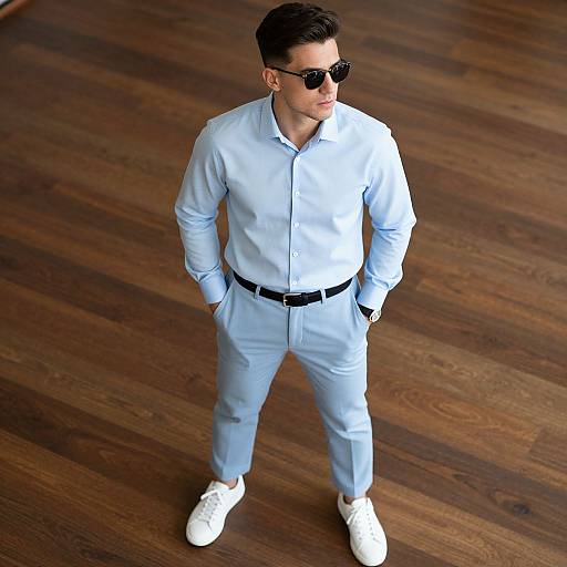 Photograph of a stylish man in light blue shirt and pants, black belt, white shoes, black sunglasses, standing on wooden floor.