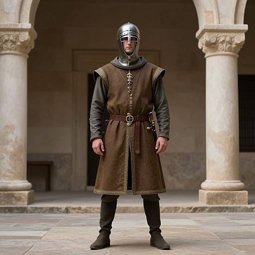 Photograph of a medieval knight in brown tunic, black leather armor, and helmet, standing in a stone archway courtyard.