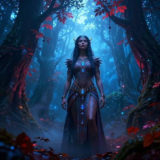 Digital artwork of a dark-haired, elven woman with glowing blue gems on her ornate, dark armor dress, standing in a mystical blue-lit