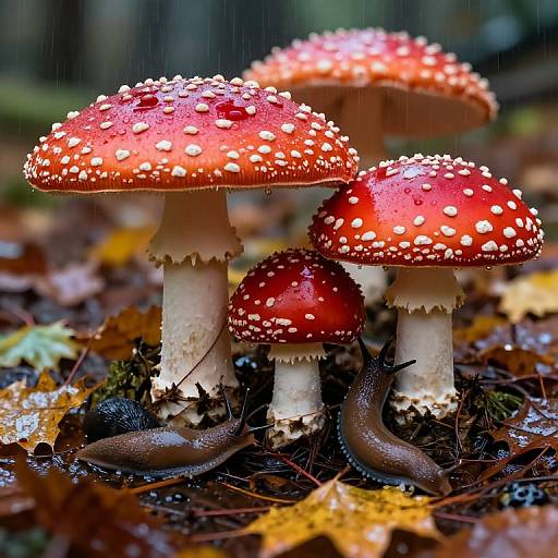 Photograph of vibrant red-and-white-spotted mushrooms with glistening caps, surrounded by autumn leaves and a curled brown slug, under soft rain.