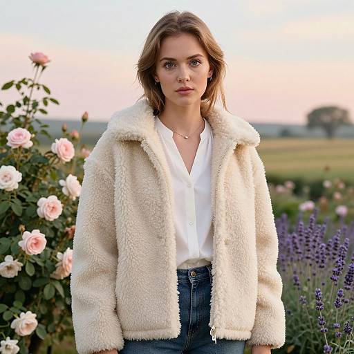 Stylish Woman in Pastel Countryside Garden