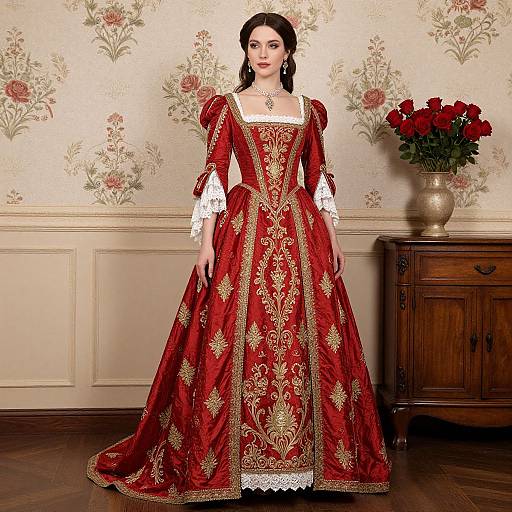 Photograph of a pale-skinned woman in a detailed red and gold Renaissance-style gown with white lace cuffs, standing in a vintage room with floral wallpaper
