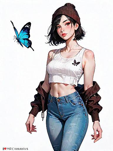 Stylish Woman in Casual Streetwear with Blue Butterfly