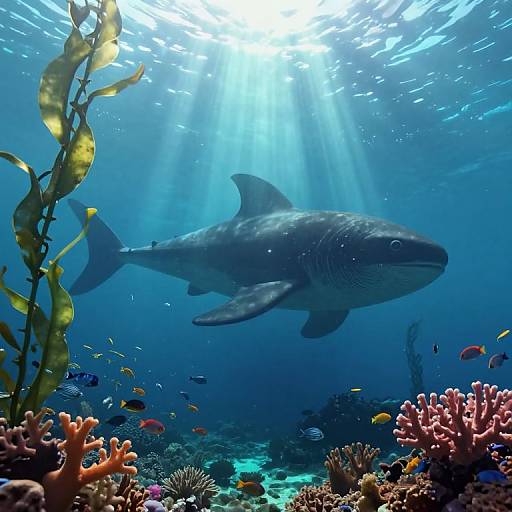 Photograph of a large shark swimming underwater, surrounded by colorful coral reefs, yellow seaweed, and small fish, with sunlight filtering through the blue ocean