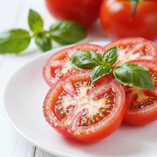Photograph of fresh, juicy tomato slices with green basil leaves on a white plate, background includes more tomatoes and basil.