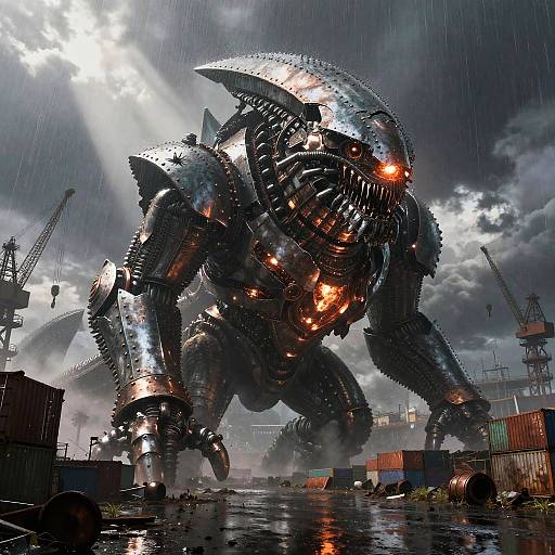 Massive Steel Leviathan in Rainy Shipyard