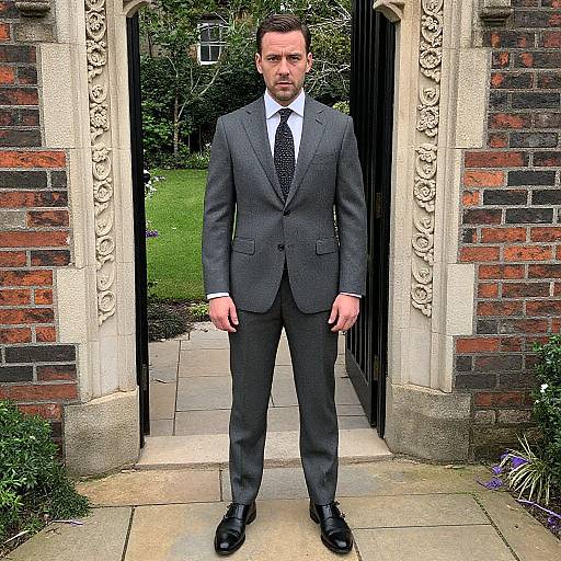 Photograph of a serious-looking man in a dark gray suit, white shirt, black tie, and black shoes standing in a brick gate archway with