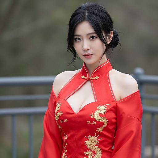 Elegant East Asian Woman in Red Qipao