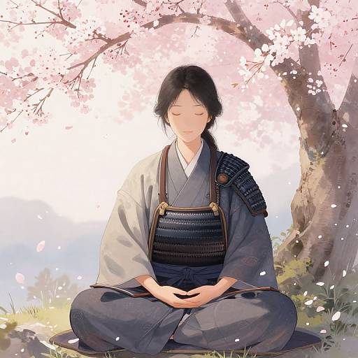 Serene Samurai Meditation Under Blossoms