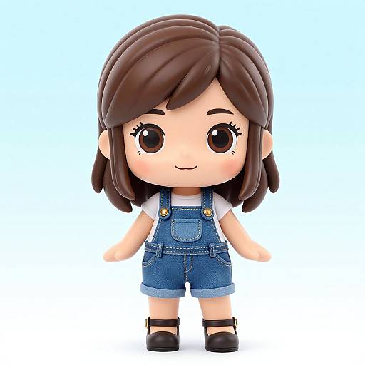 Chibi-style doll with brown hair, large brown eyes, white shirt, blue denim overalls, black shoes, smiling, standing on light blue background