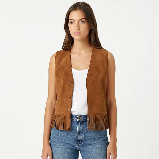 Photograph of a young woman with long brown hair, wearing a brown suede vest with fringe, white tank top, and blue jeans, standing against a