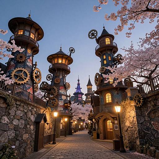 Whimsical, steampunk-style castle with clock gears, lit windows, and cherry blossom trees at dusk; stone pathway and lanterns line the