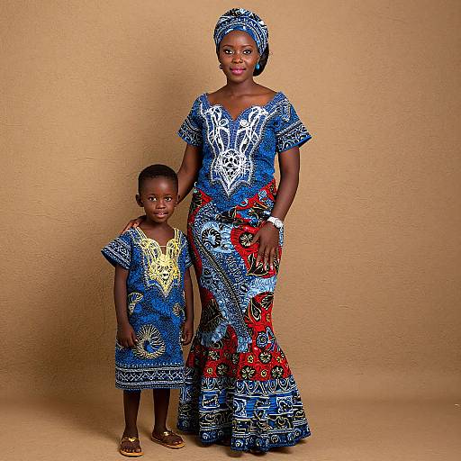 Photograph of an African woman and young boy standing against a beige background, wearing matching blue, white, and red patterned traditional dresses and headscar