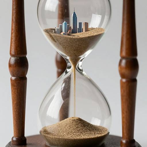 Photograph of a glass hourglass with sand, inside which miniature skyscrapers are buried, framed by wooden chair legs.