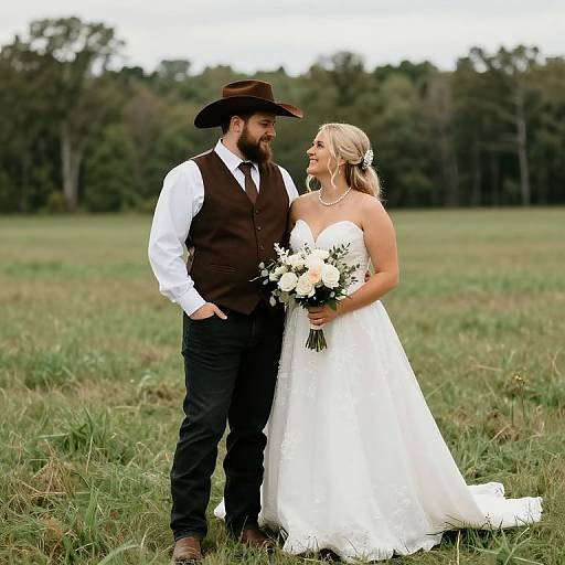 Photograph of a bearded groom in brown vest and hat, black pants, standing beside a blonde bride in white dress, holding bouquet, in a