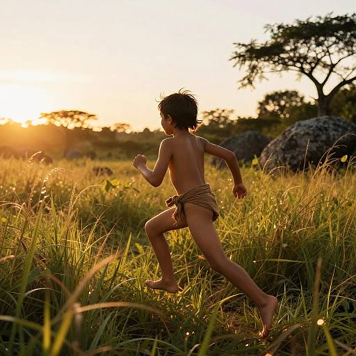 Kid Running Through Tall Grass at Sunset