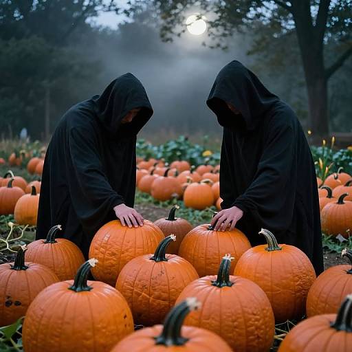 Photograph of two hooded figures in black robes, standing among a foggy pumpkin patch, each touching a large orange pumpkin.